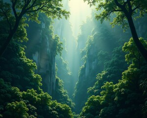Obraz premium Lush green canyon with sunlight filtering through the trees in a tranquil setting