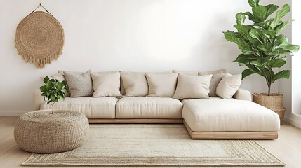 Cozy living room with neutral tones and plants.