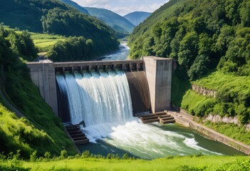 a hydroelectric dam nestled in lush green mountains, showcasing powerful water flow and renewable energy sources against a serene natural backdrop.