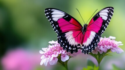 Fototapeta premium Vibrant butterfly perched on delicate pink flowers in a lush garden setting, AI