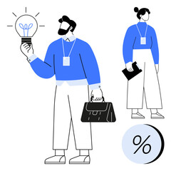 Business professionals in blue attire one man holding a light bulb and briefcase, one woman holding a clipboard, accompanied by a percentage symbol. Ideal for business strategy, teamwork, innovation