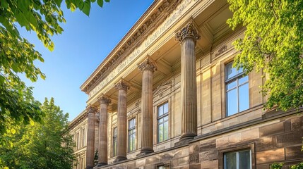 Obraz premium A grand building featuring classical architecture with columns and large windows.