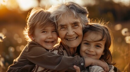 Fototapeta premium Elderly woman with children in field of flowers, hugging and smiling for a photo. Faces show happiness and bond. Setting is warm and joyful.