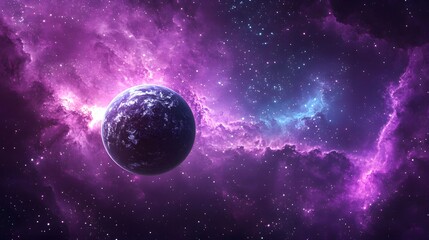 Obraz premium A vibrant planet surrounded by cosmic purple and blue clouds in deep space.