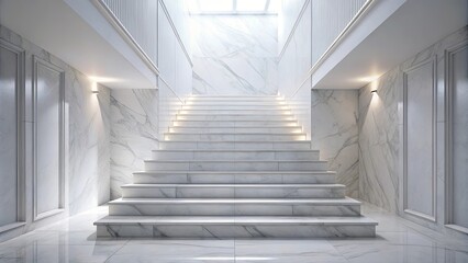 Fototapeta premium A Staircase of Polished White Marble Steps Leading Upward Towards Sunlight Through a Skylight in a Minimalist Modern Interior Design Setting