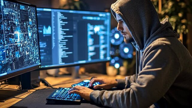 A man in a hoodie is typing on a keyboard at his computer, working late into the night