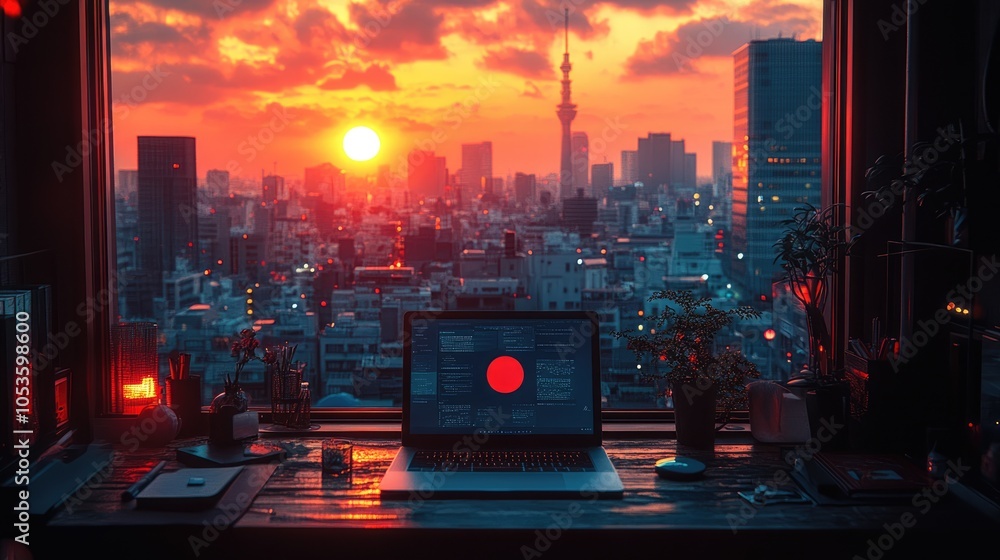 Poster sunset cityscape view from a window with a laptop open on a desk
