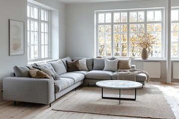 Fototapeta premium A Scandinavian interior in a well-lit living room with a minimalist, light gray sofa and table. Generative AI 