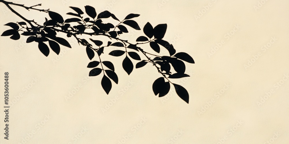 Poster a silhouette of a tree branch with leaves against a soft, beige background. the delicate shapes of t