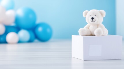 Closeup of Children’s Toy Box with Name Label and Teddy Bear Surrounded by Animal Toys for Product Display