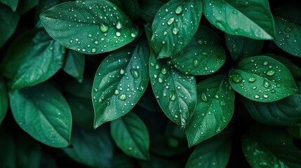 Fototapeta premium Lush green leaves adorned with fresh raindrops create a serene and refreshing scene, AI