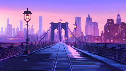 Fototapeta premium 2d illustration front view of Brooklyn bridge new york city east river bridge manhattan painting artwork panorama view artistic