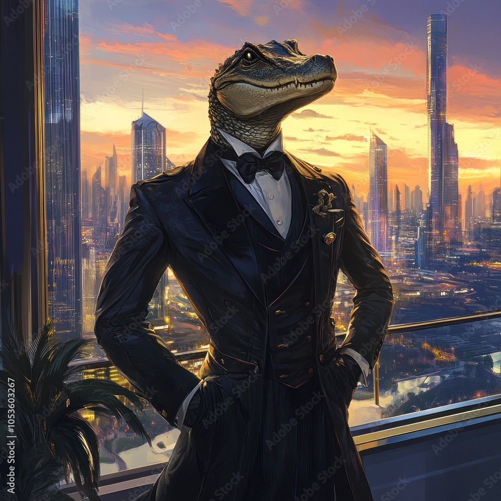 Poster an alligator in a tuxedo stands in a penthouse with a view of a city skyline.