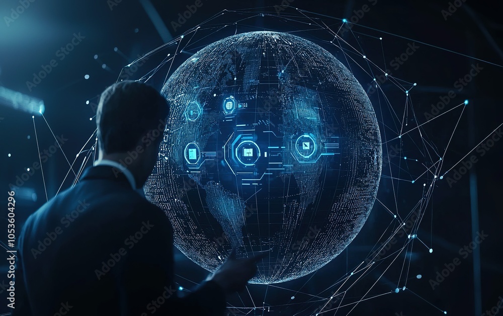 Poster business professional interacts with a digital globe displaying complex data visualizations in a hig