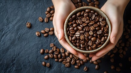 Fototapeta premium Hands of a woman holding a bowl of roasted coffee beans, dark stone background.