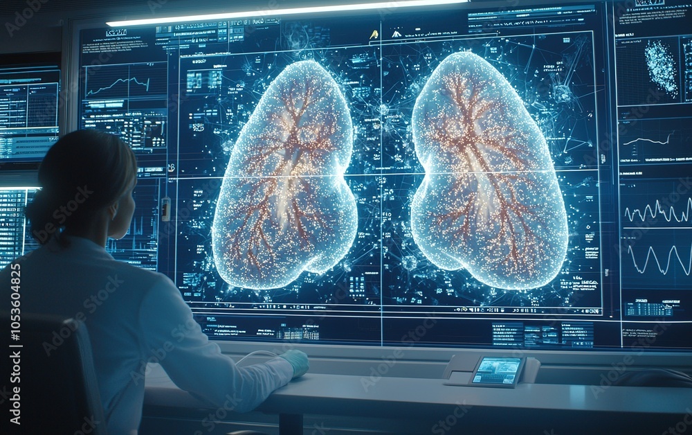 Poster scientist analyzing advanced lung imaging data in a high-tech research lab during a health study foc