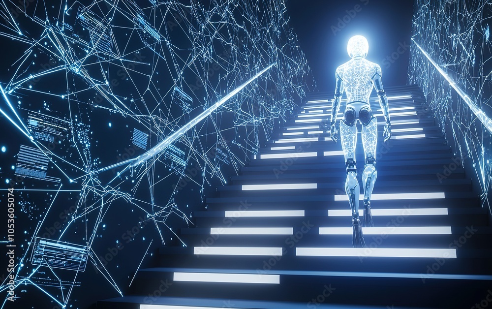 Poster a futuristic humanoid robot ascends glowing stairs in a digital environment filled with luminous dat