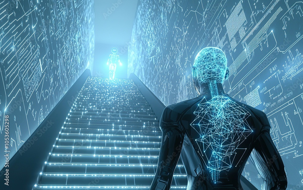 Poster a futuristic scene depicting a humanoid figure ascending illuminated steps towards a glowing entity 