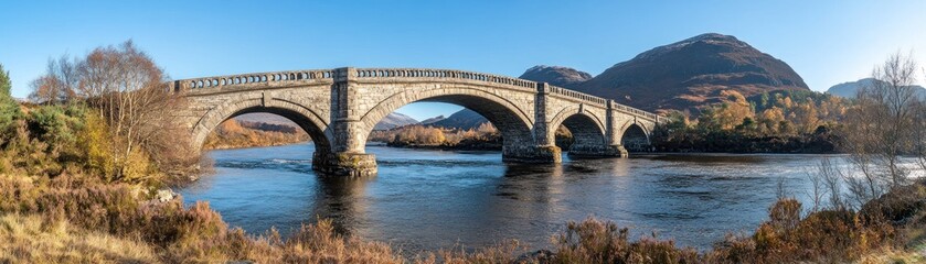Fototapeta premium A scenic view of a stone bridge spanning a river, surrounded by mountains and autumn foliage.