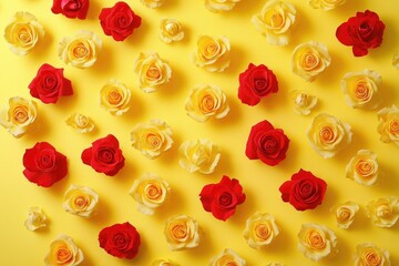 Naklejka premium A bouquet of red and yellow roses against a bright yellow background