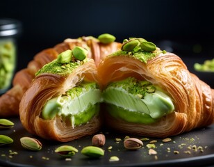 un croissant relleno de crema de pistacho, con virutas de pistacho encima, partido por la mitad