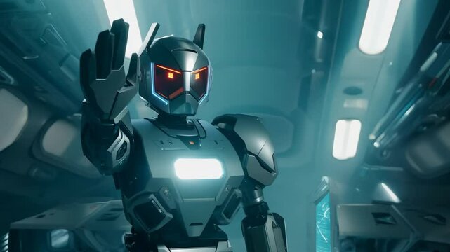 A robot is standing in a room with a hand raised in the air. The robot is wearing a black suit and has a menacing look on its face. The room is dimly lit, giving the scene a mysterious