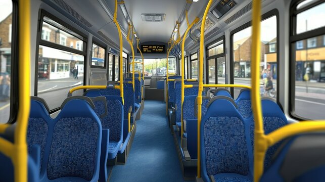 A bright, clean public bus interior with blue seats and yellow handrails, inviting passengers for a city commute.