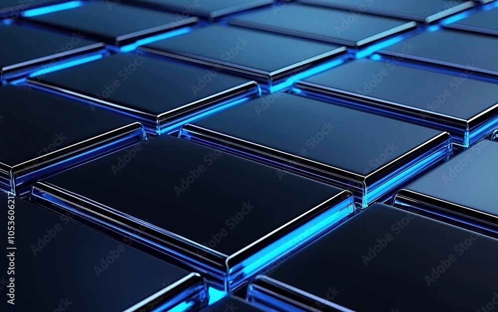 Poster a close-up view of sleek blue glass tiles arranged in a modern pattern reflecting light from above i