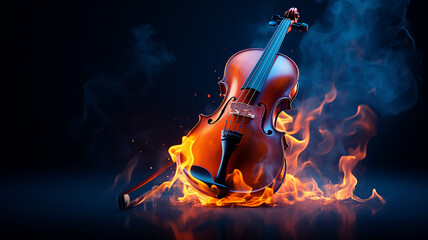 Fototapeta premium musical background, burning violin on a dark background, hot classical music concept, album cover melody and rhythm modern graphics
