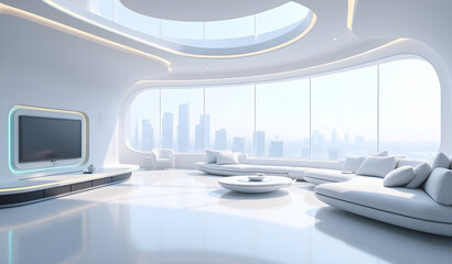 Fototapeta premium Home minimalist living space, futuristic furniture. Everything is white