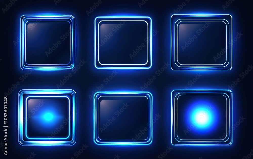Poster abstract blue glowing square shapes arranged in a grid pattern against a dark background, creating a