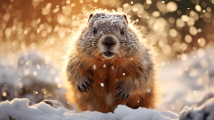 Obraz premium groundhog runs through the winter snow, dynamic pose fluffy rodent falling snow February calendar