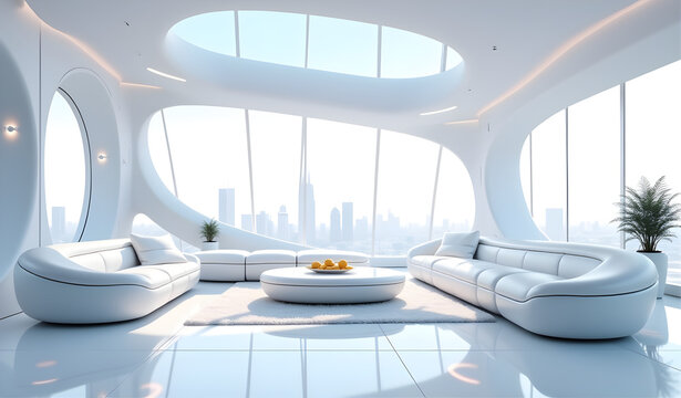 Home minimalist living space, futuristic furniture. Everything is white