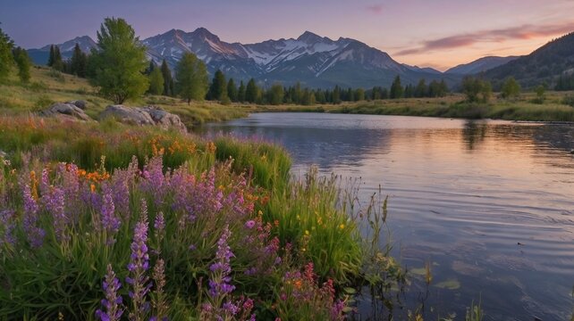 Pink rhododendron flowers and Bucura lake at sunset, Retezat mountains