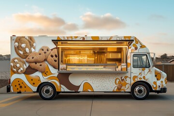 Colorful cookie truck serving fresh baked goods by the beach during sunset, attracting customers with its vibrant design and aroma