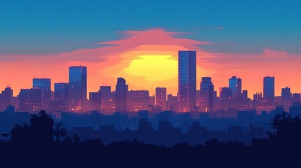 Fototapeta premium A vibrant sunset casts a warm glow over a city skyline, illuminating the tall buildings and creating a beautiful and peaceful scene.