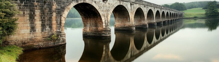 Obraz premium A stone bridge arches over a calm river, reflecting its structure in the still water.