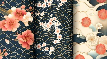 Three different seamless patterns inspired by Japanese and Chinese art with cherry blossoms and clouds.