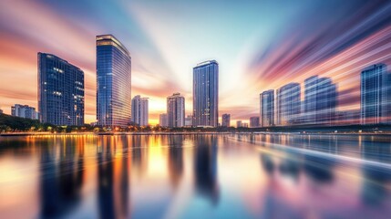 Obraz premium A captivating urban sunset scene featuring blurred buildings with their reflections in water, creating a beautiful interplay of light and color.