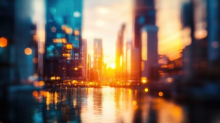 Obraz premium A captivating urban sunset scene featuring blurred buildings with their reflections in water, creating a beautiful interplay of light and color.