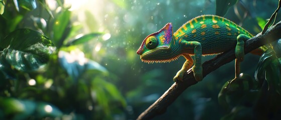 A vibrant chameleon perched on a branch in a lush jungle setting, basking in the sunlight.