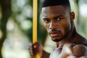 Obraz premium A person grasping a yellow pole with their right hand, potentially for navigation or signaling