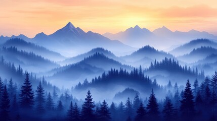 Naklejka premium Misty Mountain Range with Silhouetted Pine Trees at Dawn