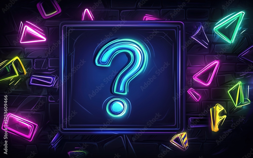 Aufkleber bright neon question mark surrounded by colorful geometric shapes on a dark background in a digital 