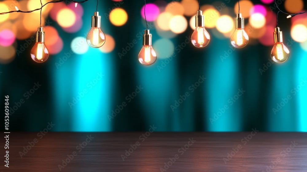 Aufkleber a string of edison bulbs hang over a wooden table, creating a warm and inviting atmosphere against a