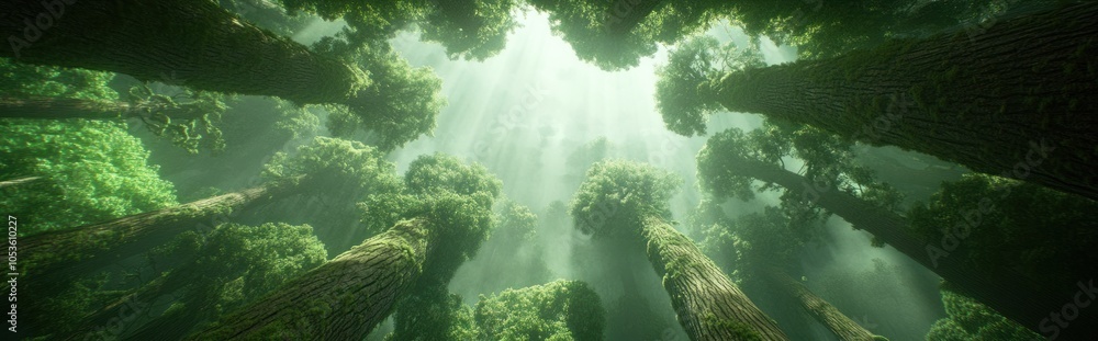 Aufkleber a low angle view of a dense forest with sunlight filtering through the canopy.