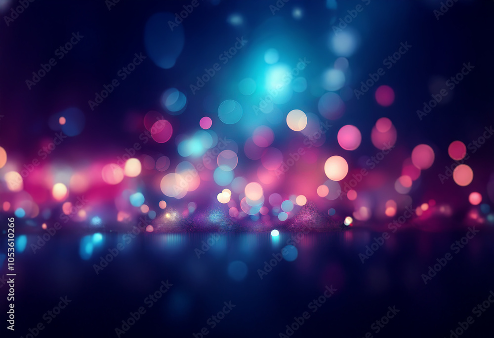 Poster abstract bokeh background with blue and pink light orbs scattered across a dark surface.
