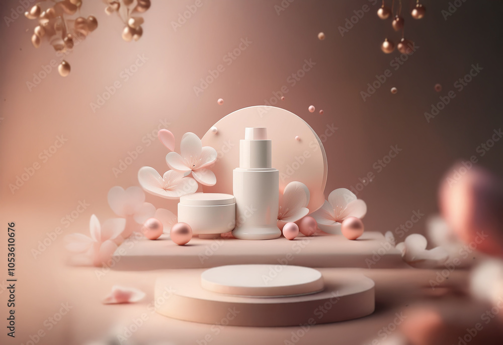 Aufkleber a minimalist product display featuring a white bottle and jar on a circular platform, adorned with d