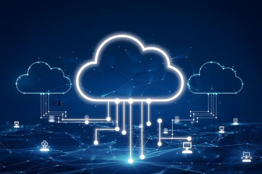 Connected illuminated clouds symbolize cloud computing, dark background suggests vast network