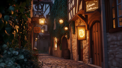 Fototapeta premium A medieval alleyway at dusk, lined with quaint, timber-framed buildings and cobblestone streets. Ivy creeps up walls, lanterns glow against moonlit shadows, signs hang above small shop entrances.